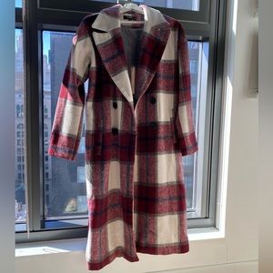 Red Checkered Wool Long Coat